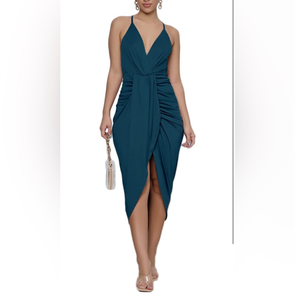 LYANER Women's V Neck Ruched Wrap Slit Hem Midi Dress - L